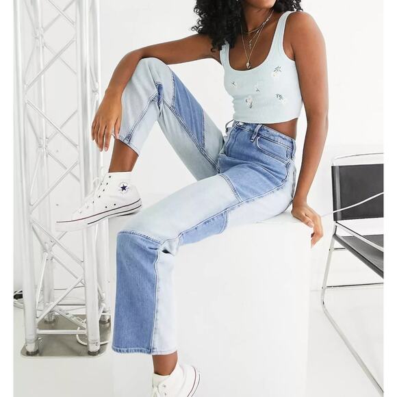 Hollister Patchwork Straight Leg Jeans Blue Two Tone Denim Size 25 - Picture 7 of 10